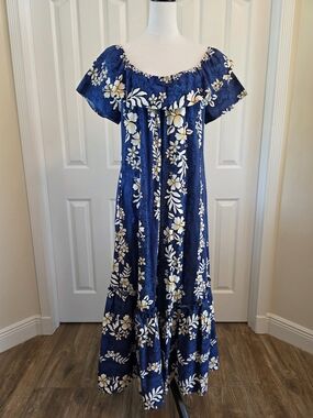 Vintage Jade Fashions Made In Hawaii Blue Floral Cotton Maxi Dress Size S